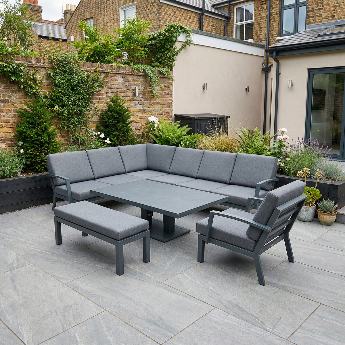 Bracken Outdoors Miami Dark Aluminium Rectangular Corner Set with Adjustable Table Bench and Armchair