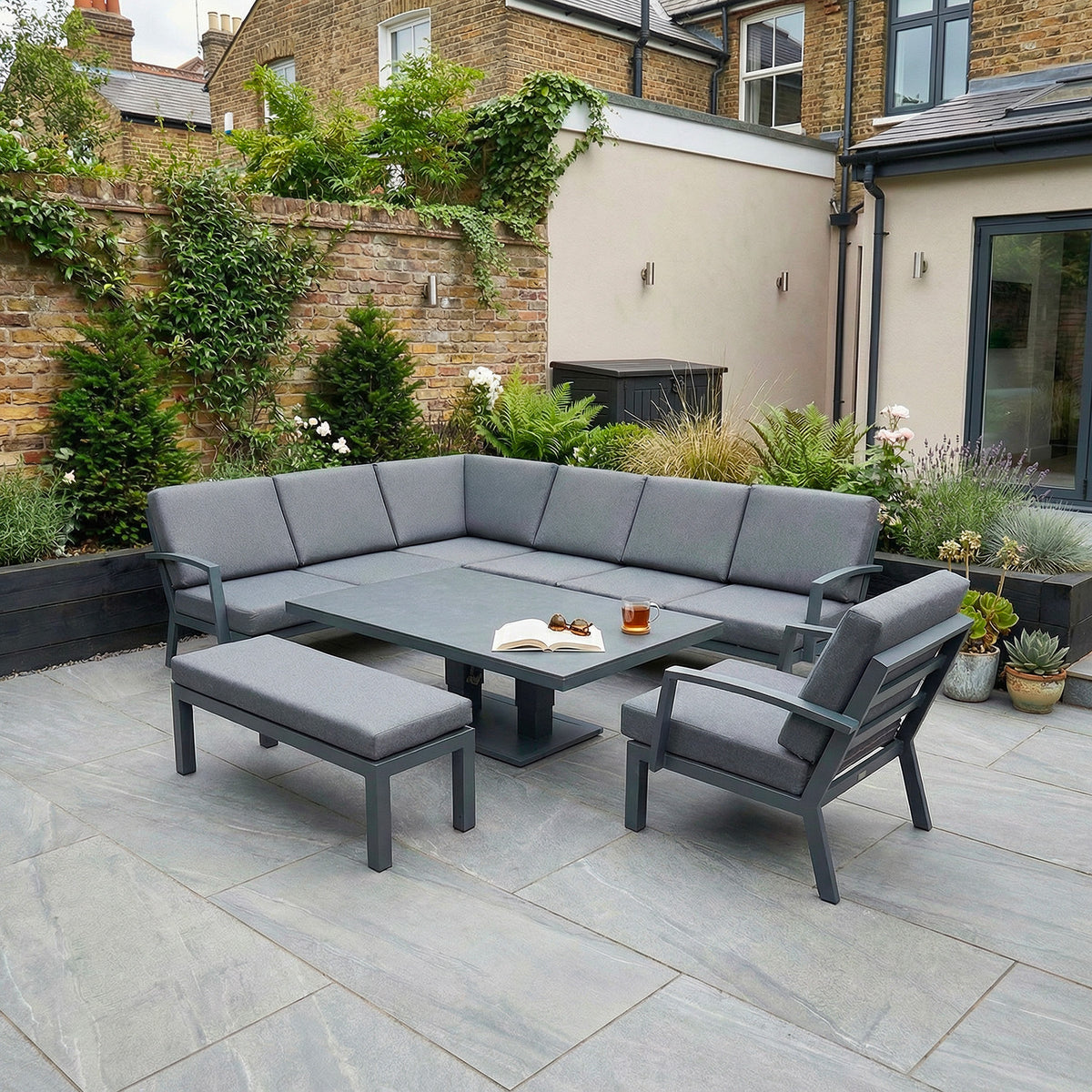 Bracken Outdoors Miami Dark Aluminium Rectangular Corner Set with Adjustable Table Bench and Armchair