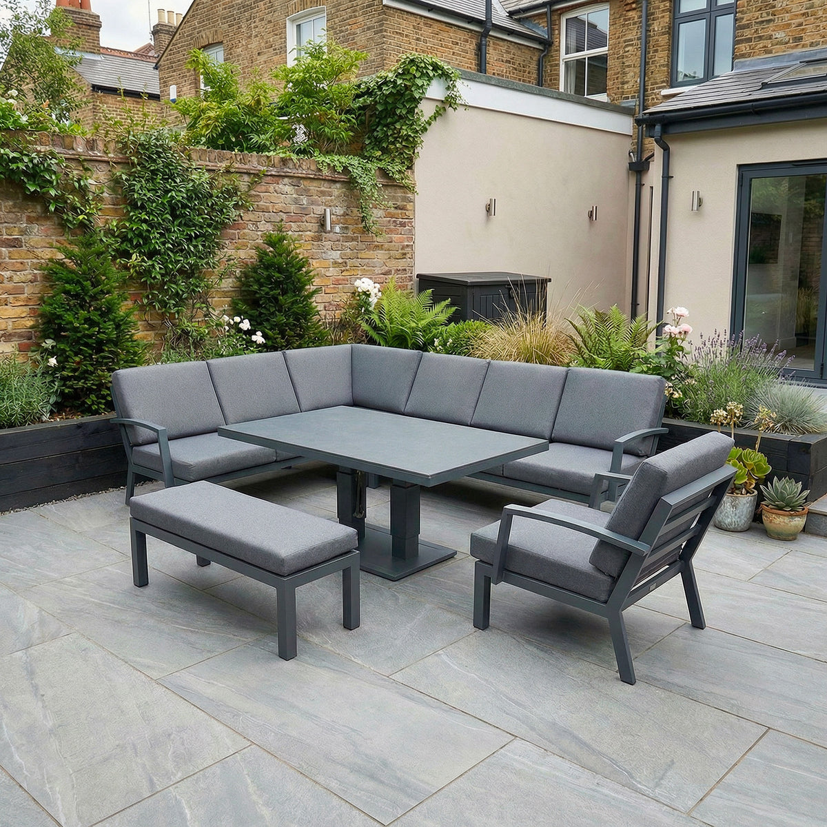 Bracken Outdoors Miami Dark Aluminium Rectangular Corner Set with Adjustable Table Bench and Armchair