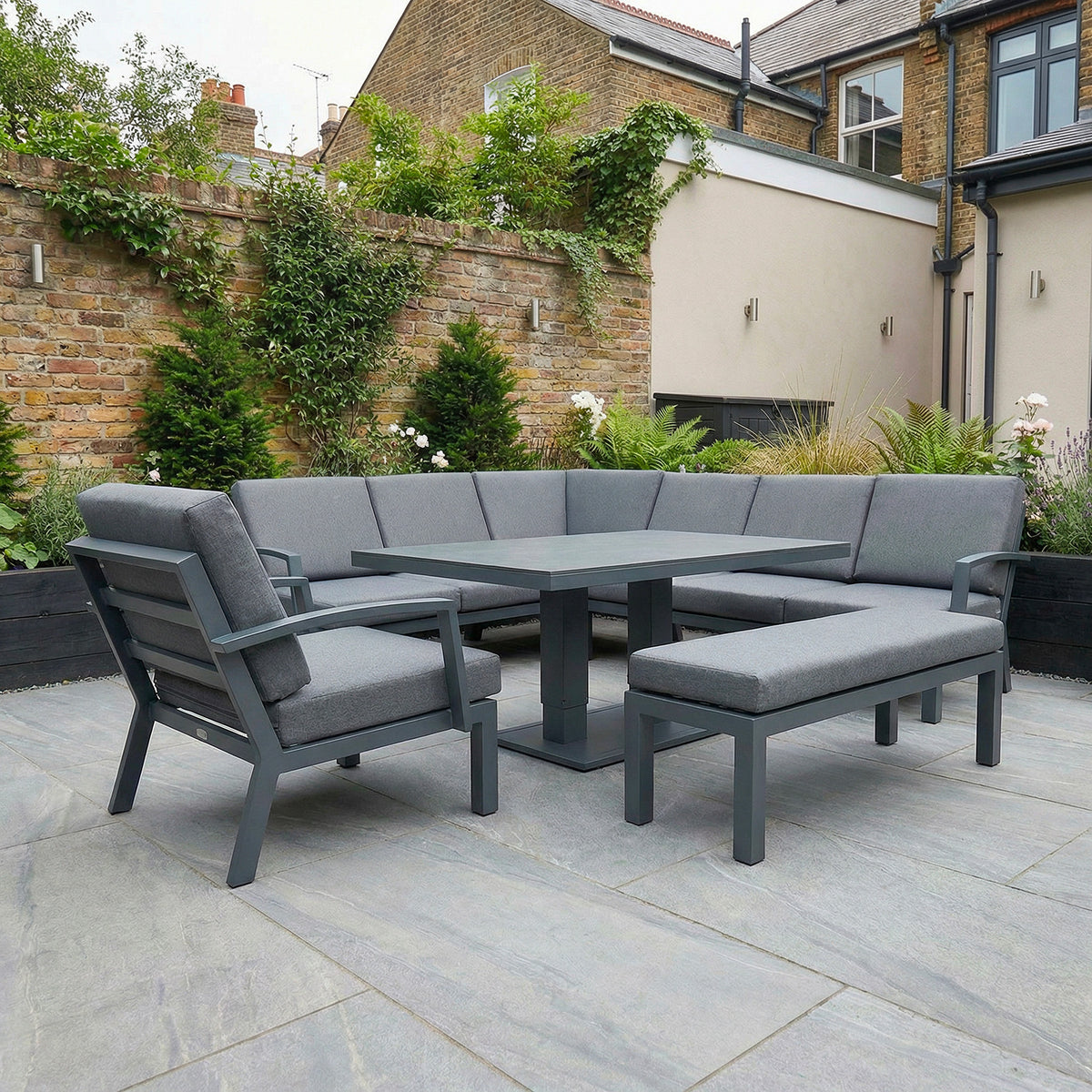 Bracken Outdoors Miami Dark Aluminium Rectangular Corner Set with Adjustable Table Bench and Armchair