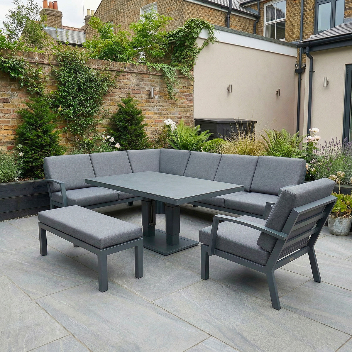 Bracken Outdoors Miami Dark Aluminium Rectangular Corner Set with Adjustable Table Bench and Armchair