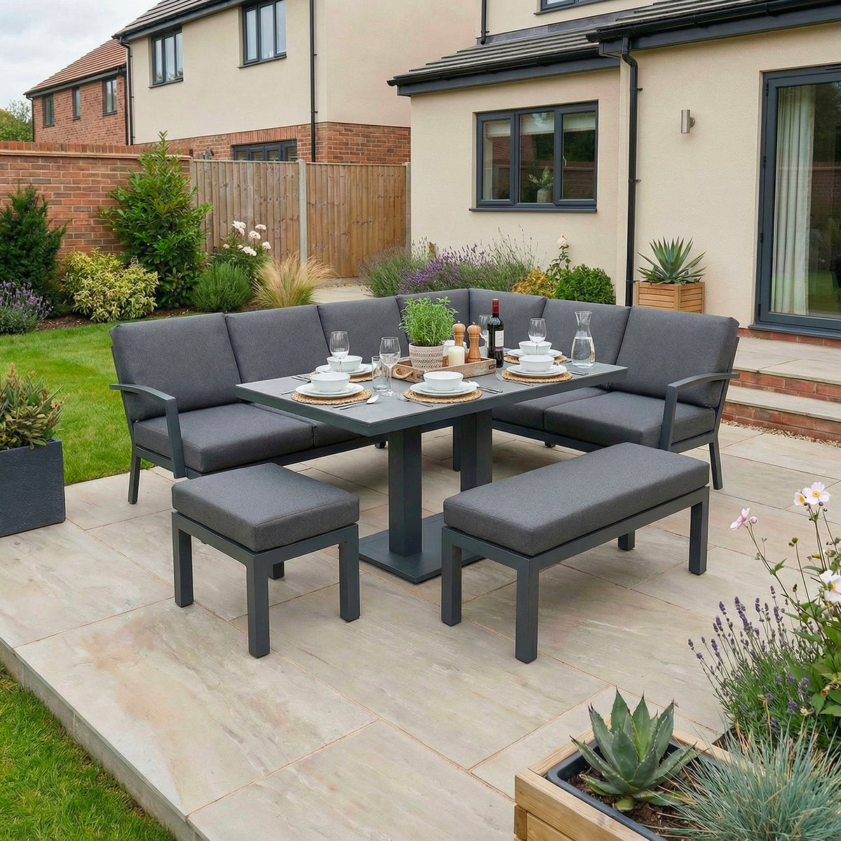 Bracken Outdoors Miami Dark Aluminium Rectangular Corner Set with Adjustable Table, Bench and Stool
