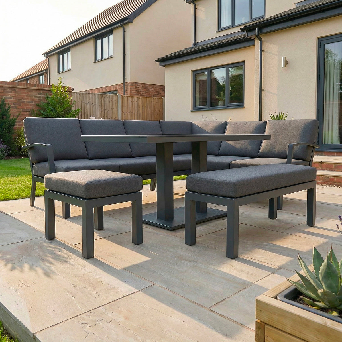 Bracken Outdoors Miami Dark Aluminium Rectangular Corner Set with Adjustable Table, Bench and Stool
