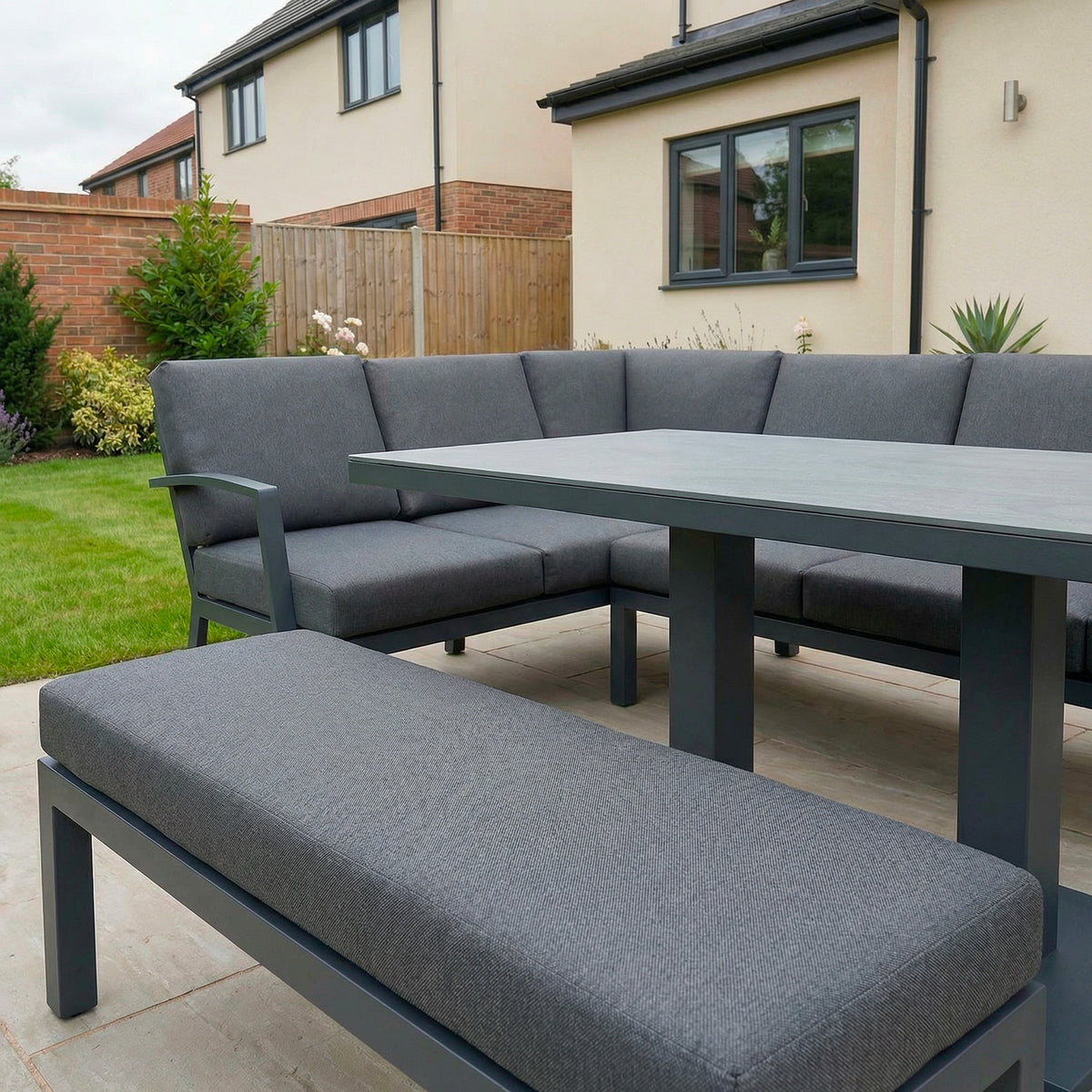 Bracken Outdoors Miami Dark Aluminium Rectangular Corner Set with Adjustable Table, Bench and Stool