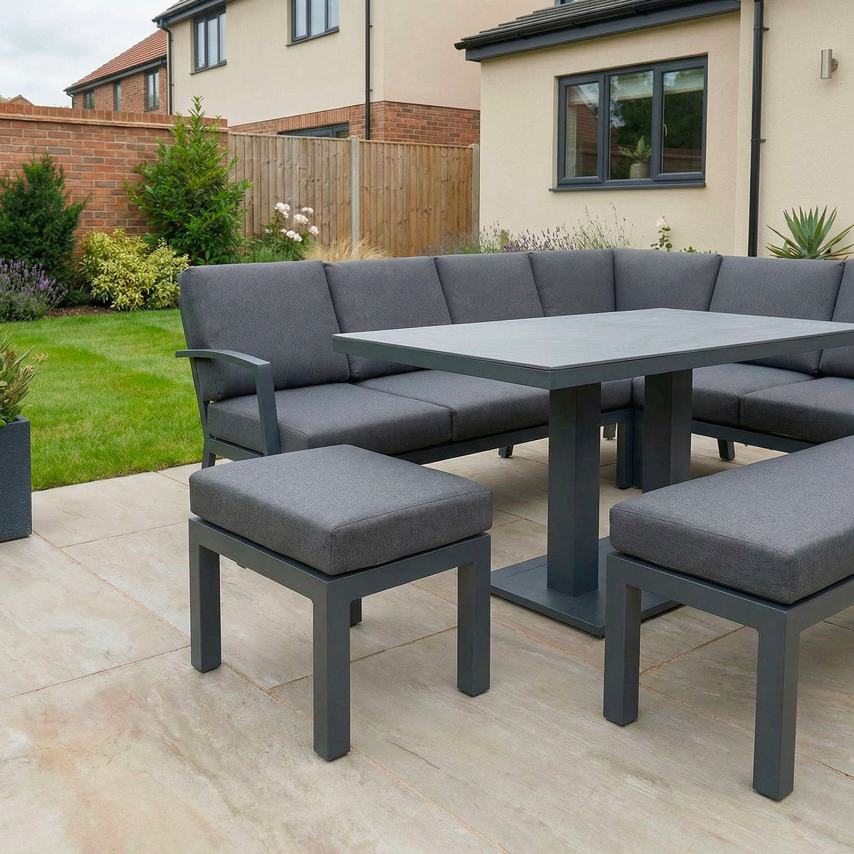 Bracken Outdoors Miami Dark Aluminium Rectangular Corner Set with Adjustable Table, Bench and Stool