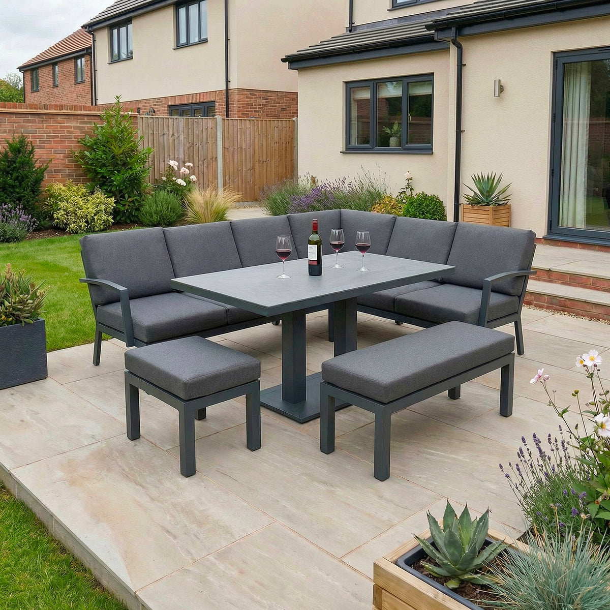 Bracken Outdoors Miami Dark Aluminium Rectangular Corner Set with Adjustable Table, Bench and Stool