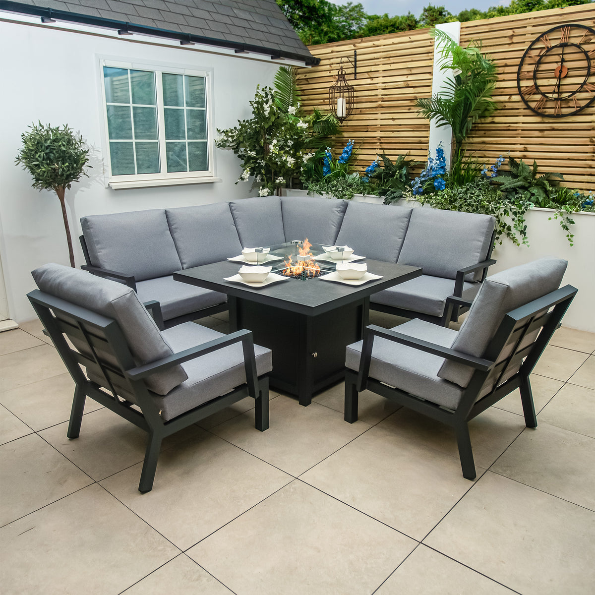 Bracken Outdoors Miami Dark Aluminium Compact Corner Set with Fire Pit Table and 2 Arm Chairs