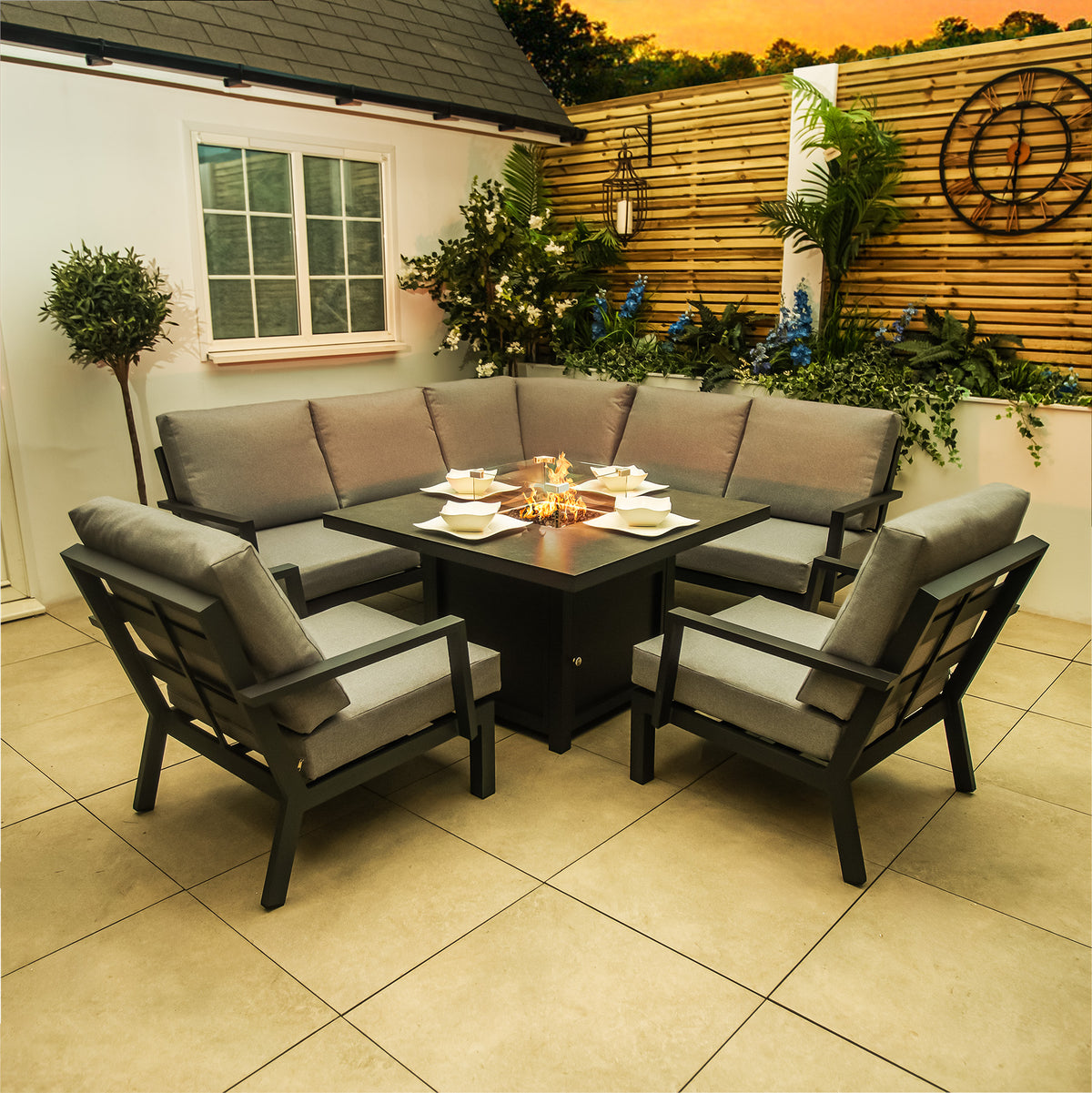 Bracken Outdoors Miami Dark Aluminium Compact Corner Set with Fire Pit Table and 2 Arm Chairs