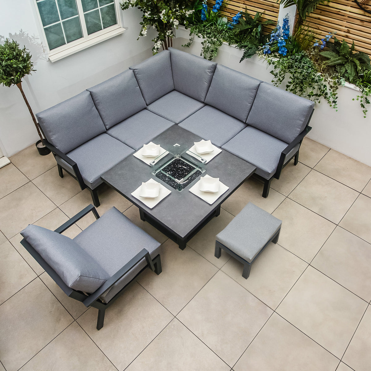 Bracken Outdoors Miami Dark Aluminium Compact Corner Set with Fire Pit Table and Bench and Arm Chair