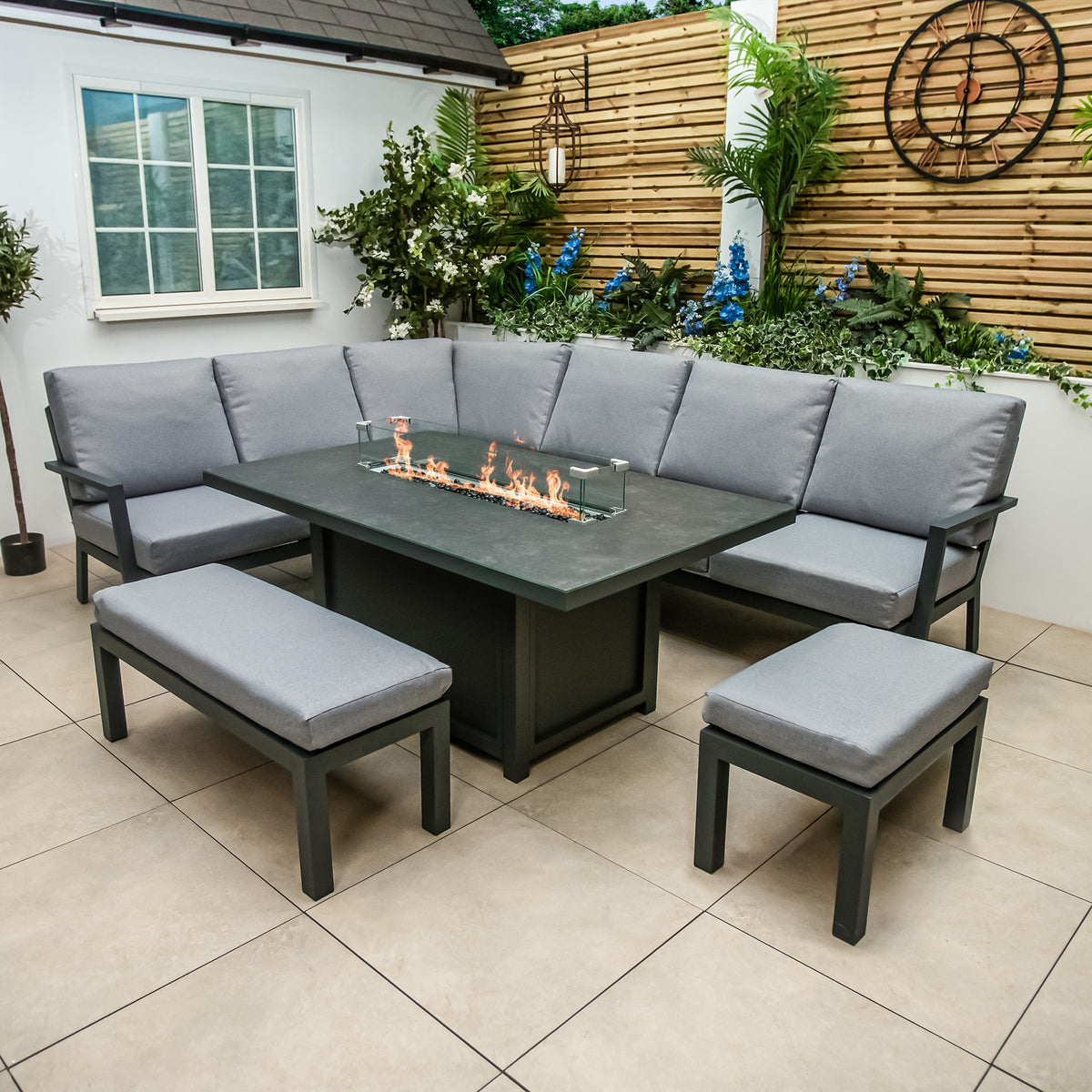 Bracken Outdoors Miami Dark Aluminium Rectangular Corner Set with Firepit Table, Bench and Stool
