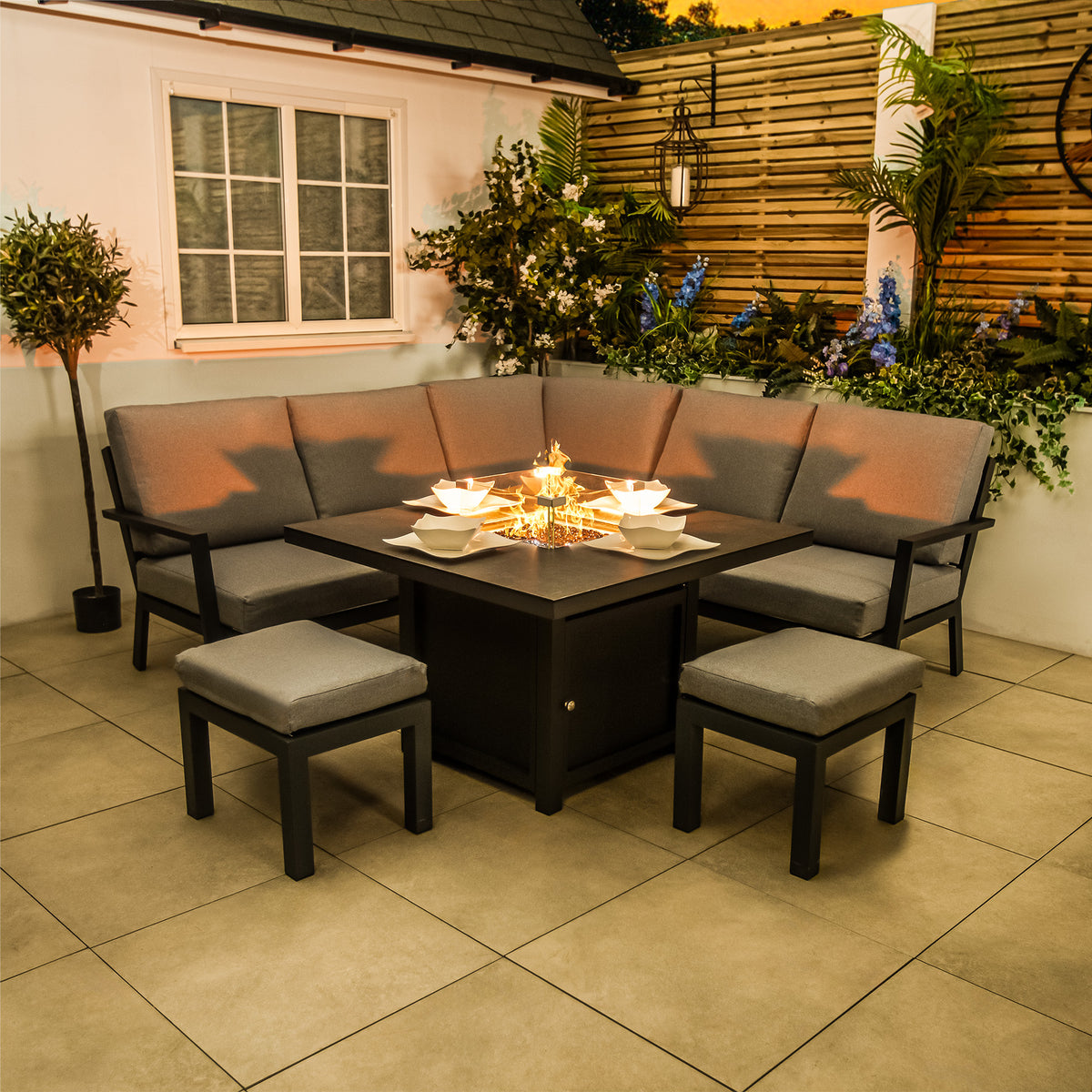 Bracken Outdoors Miami Dark Aluminium Compact Corner Set with Gas Fire Pit Table and Stools