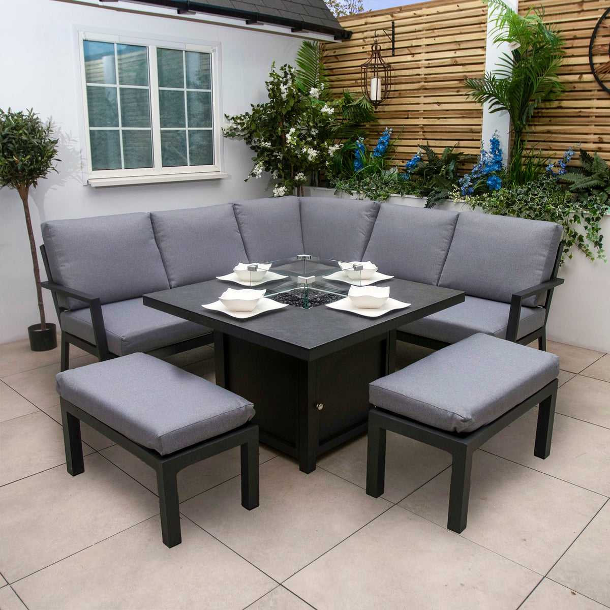 Bracken Outdoors Miami Dark Aluminium Compact Corner Set with Gas Fire Pit Table and Stools