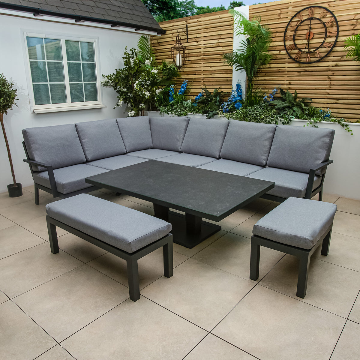 Bracken Outdoors Miami Dark Aluminium Rectangular corner set with Adjustable Table, Bench and Stool