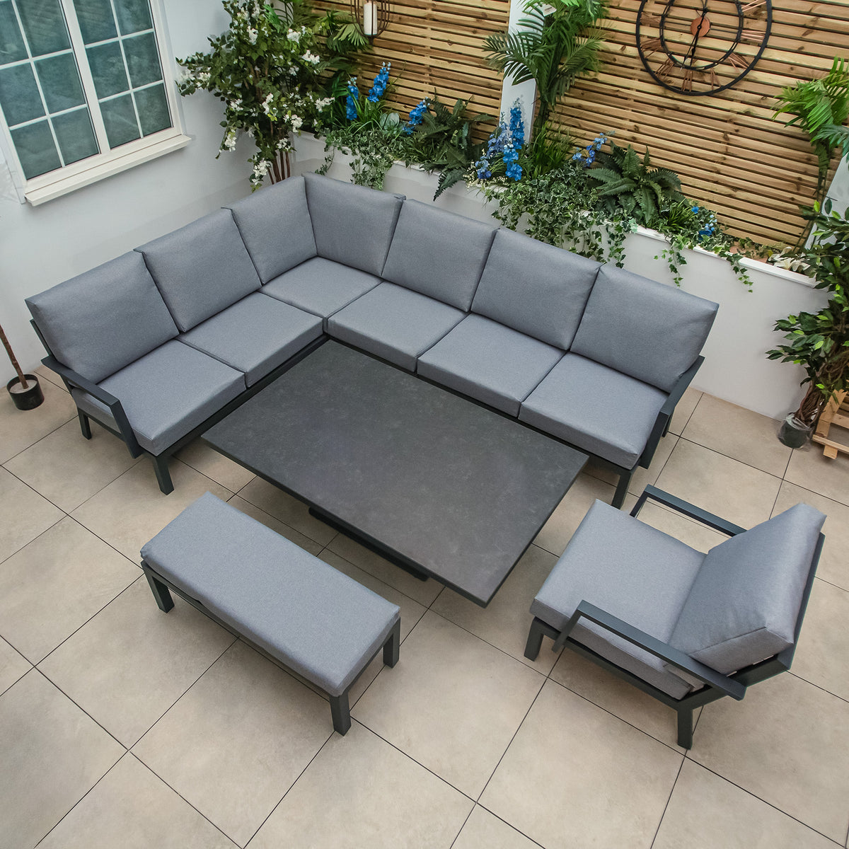 Bracken Outdoors Miami Dark Aluminium Rectangular Corner Set with Adjustable Table Bench and Armchair