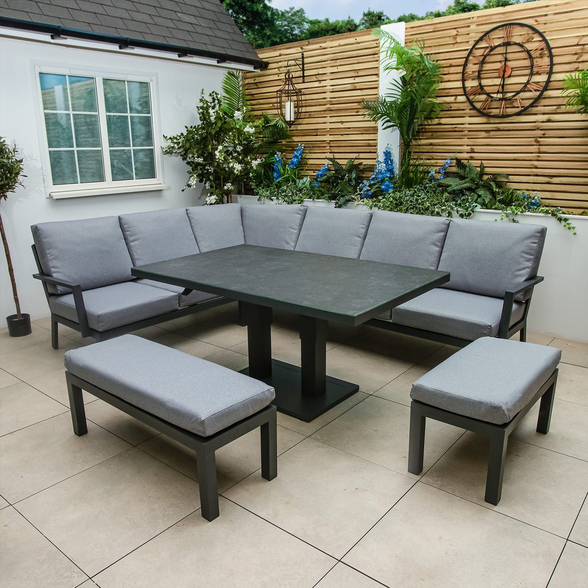 Bracken Outdoors Miami Dark Aluminium Rectangular corner set with Adjustable Table, Bench and Stool