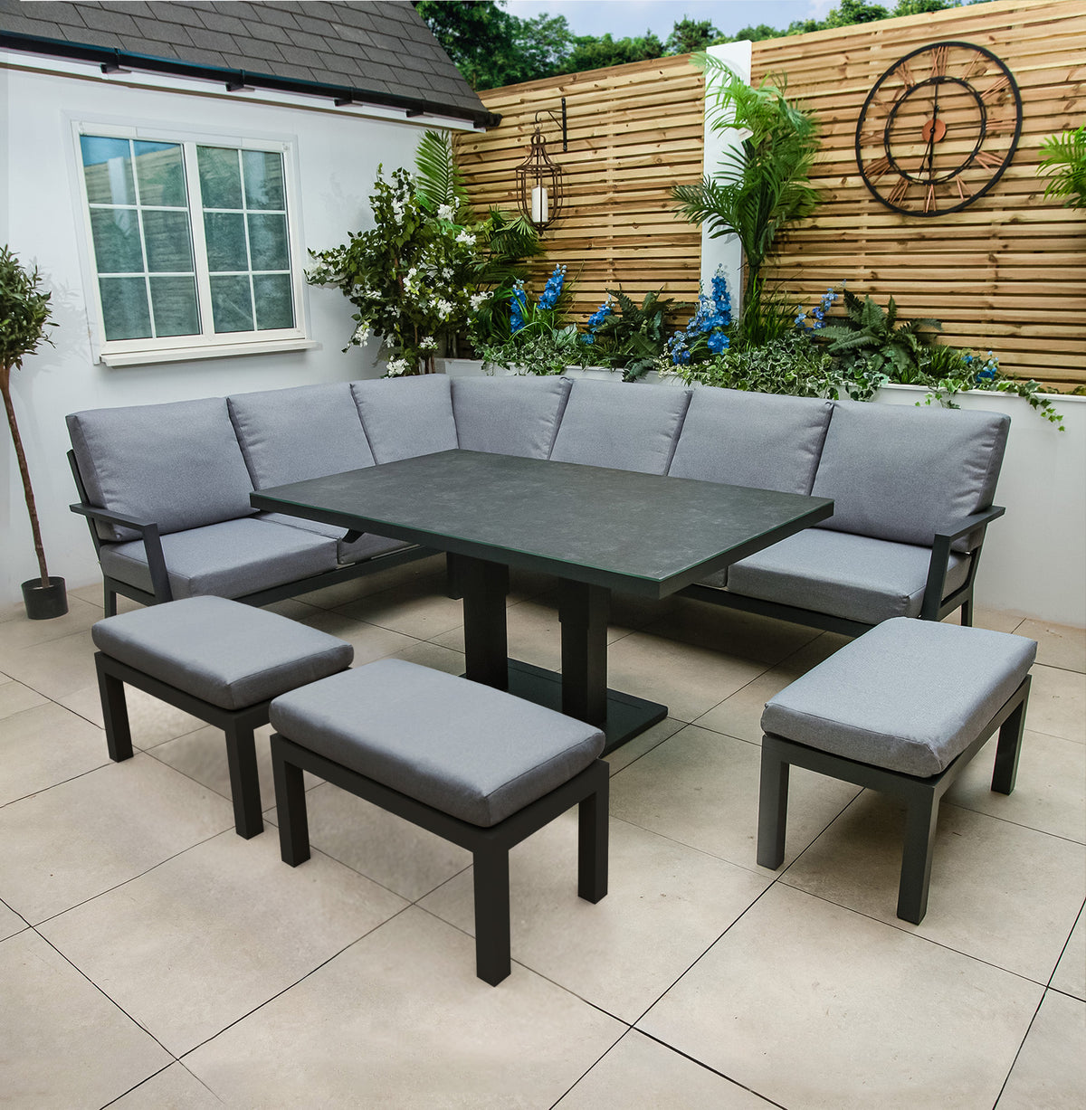 Bracken Outdoors Miami Dark Aluminium Rectangular Corner Set with Adjustable Table and Stools
