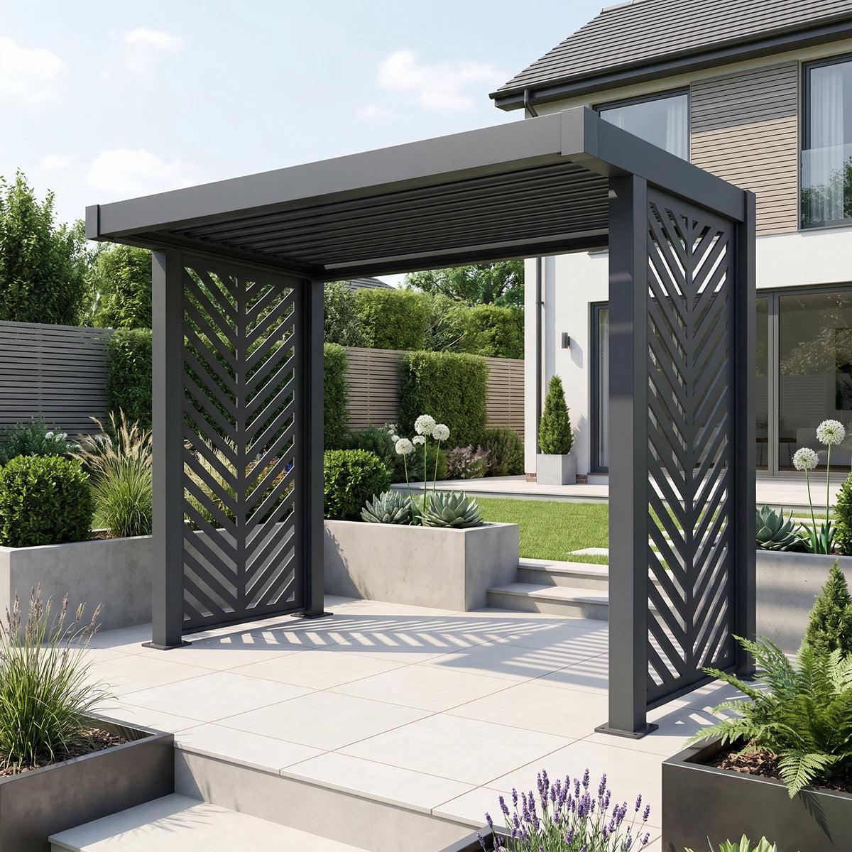 Bracken Outdoors Grey Aluminium BBQ Pergola with Insignia Laser Cut Privacy Panels