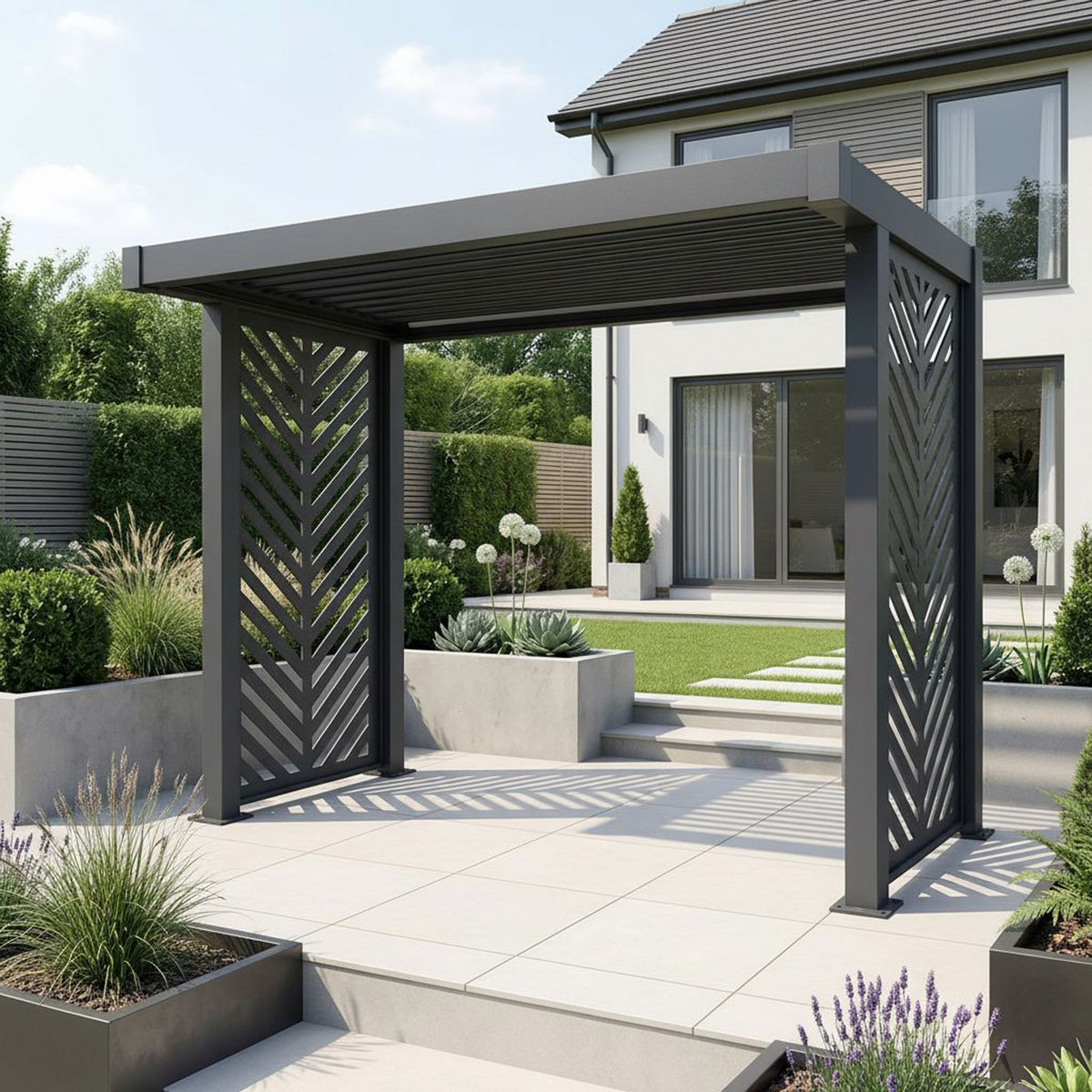 Bracken Outdoors Grey Aluminium BBQ Pergola with Insignia Laser Cut Privacy Panels