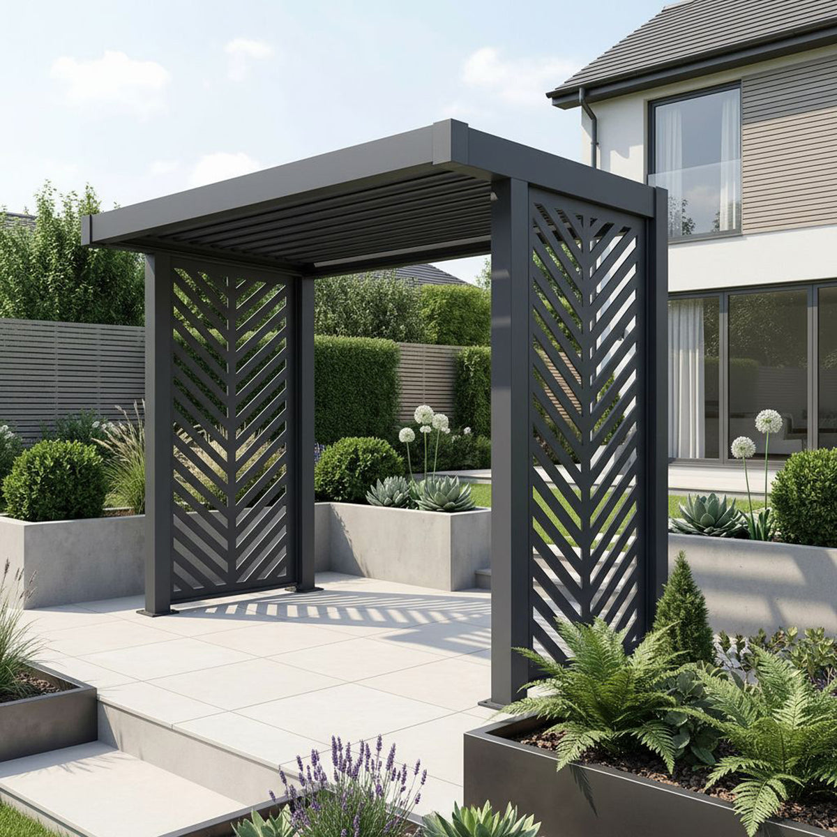Bracken Outdoors Grey Aluminium BBQ Pergola with Insignia Laser Cut Privacy Panels