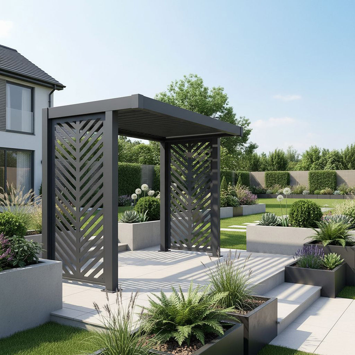 Bracken Outdoors Grey Aluminium BBQ Pergola with Insignia Laser Cut Privacy Panels
