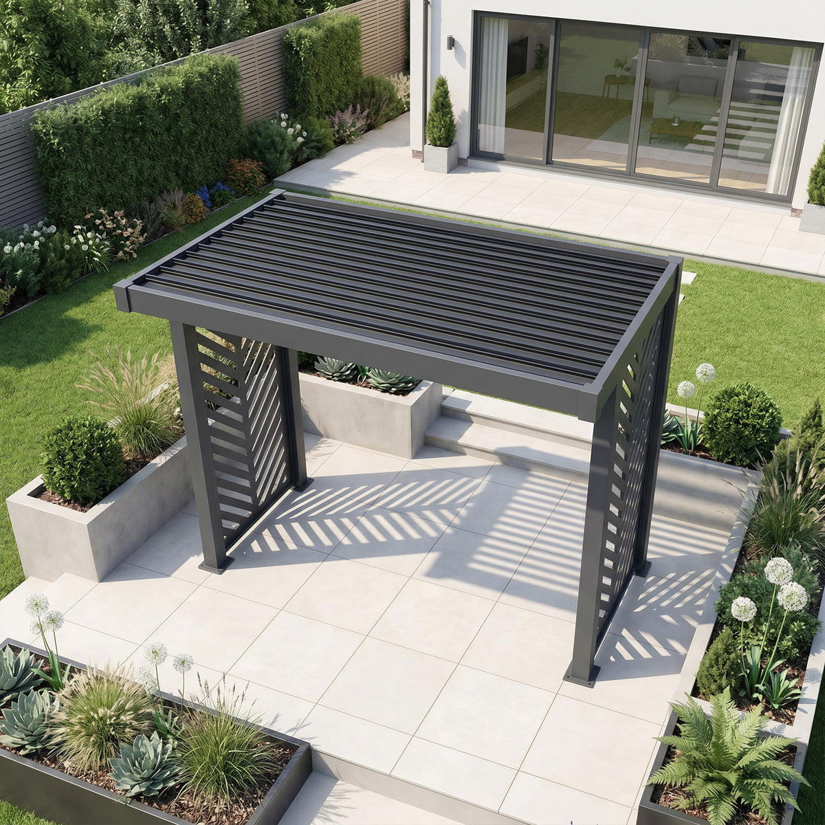 Bracken Outdoors Grey Aluminium BBQ Pergola with Insignia Laser Cut Privacy Panels