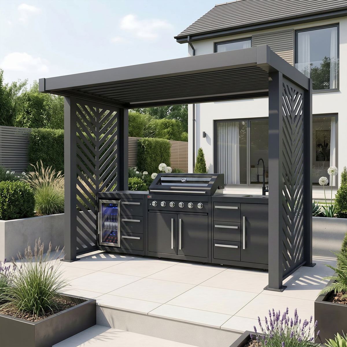 Bracken Outdoors Grey Aluminium BBQ Pergola with Insignia Laser Cut Privacy Panels