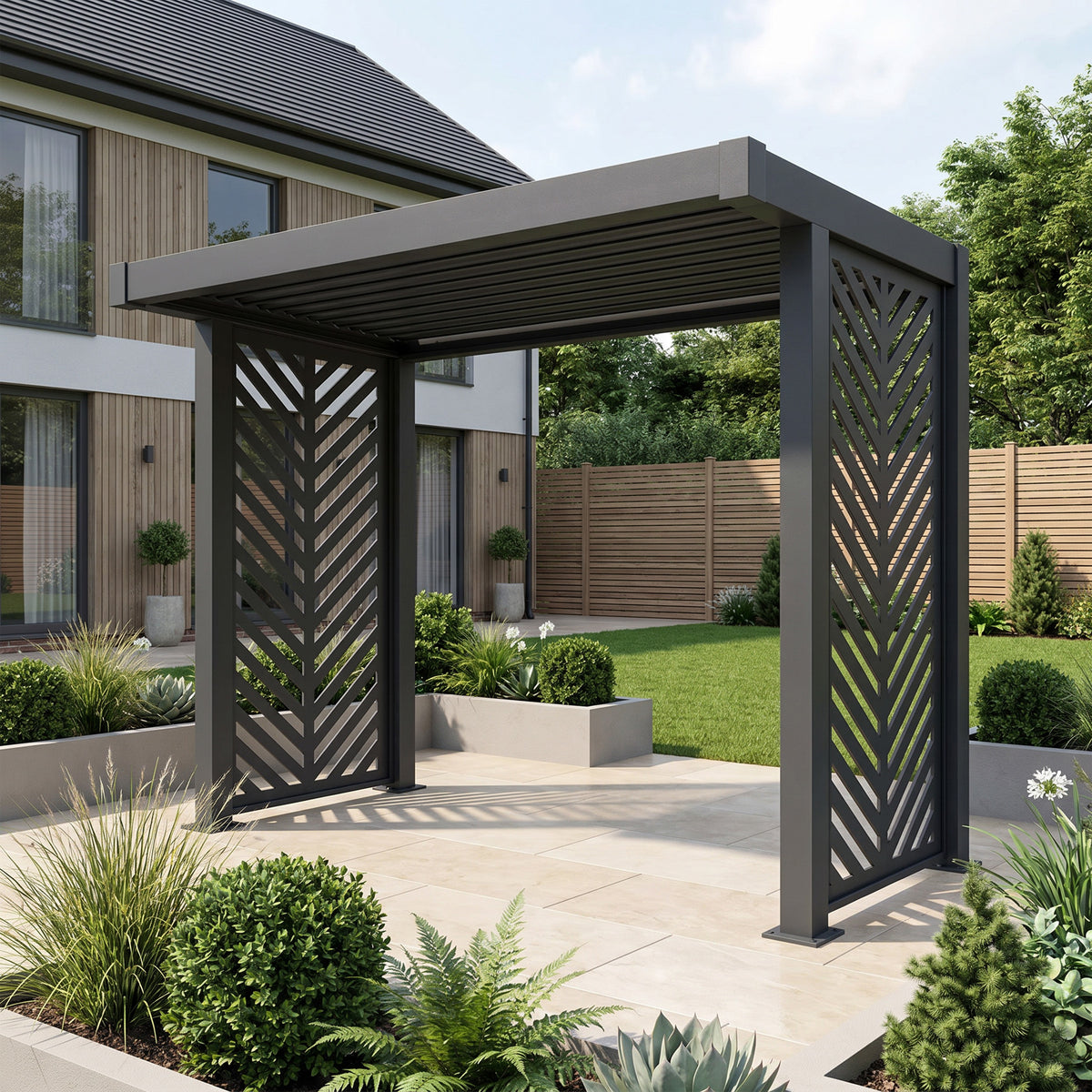 Bracken Outdoors Grey Aluminium BBQ Pergola with Insignia Laser Cut Privacy Panels
