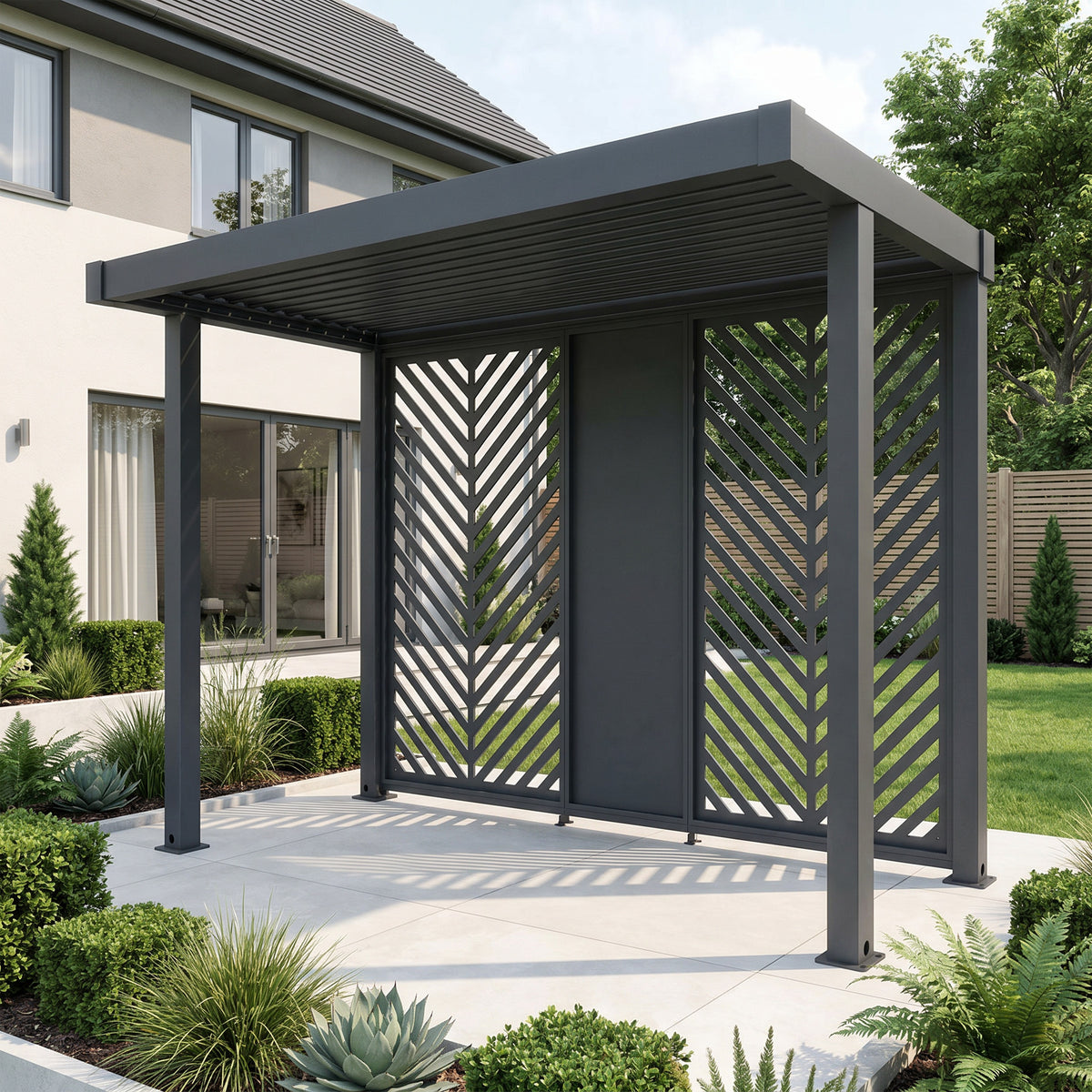 Bracken Outdoors Grey Aluminium BBQ Pergola with Insignia Laser Cut Privacy Panels
