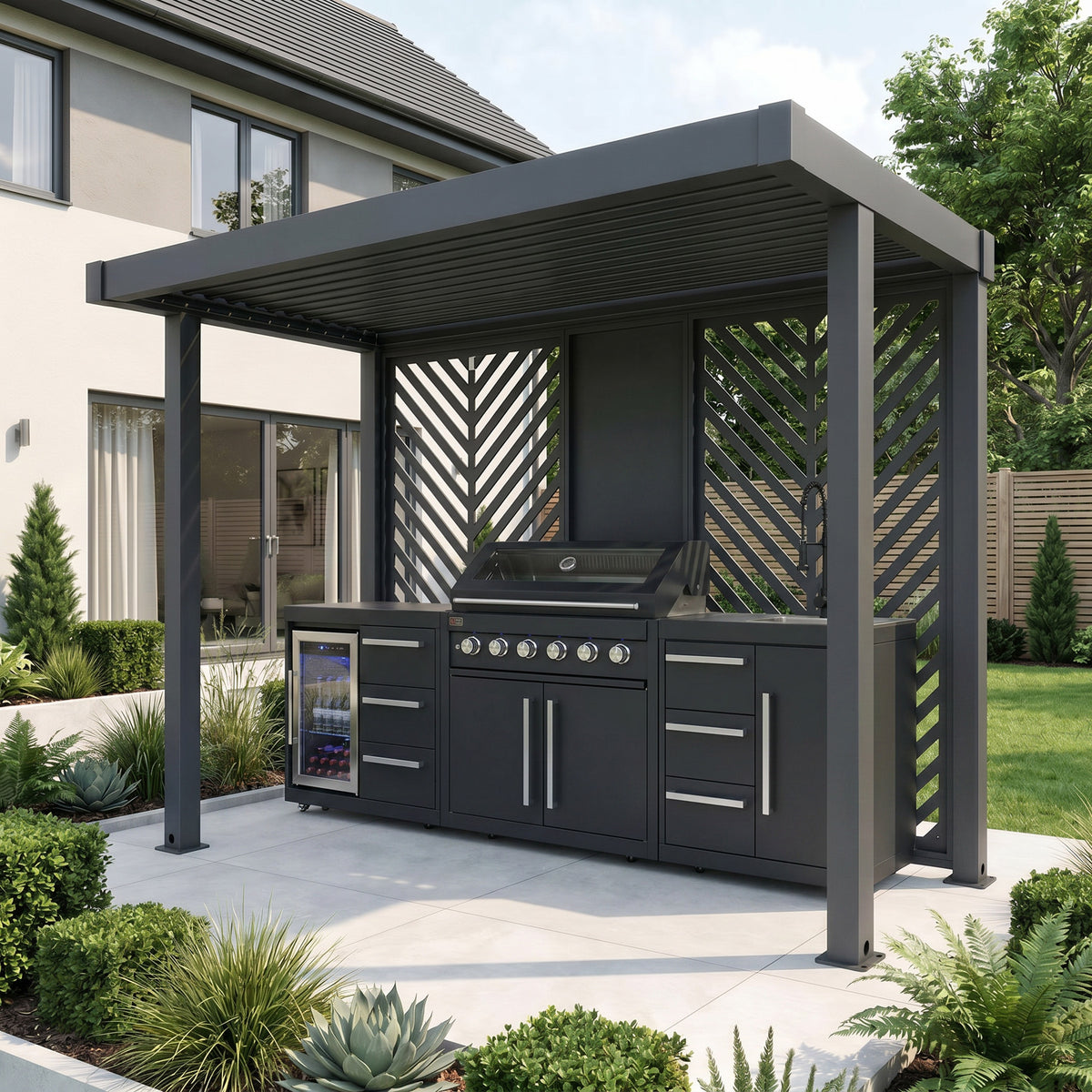 Bracken Outdoors Grey Aluminium BBQ Pergola with Insignia Laser Cut Privacy Panels