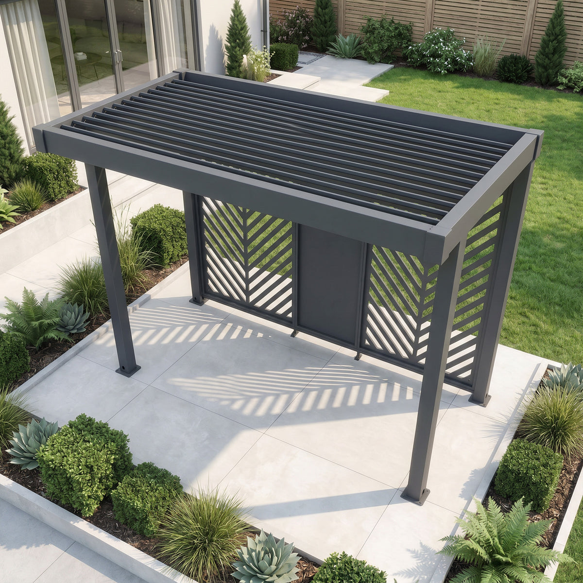 Bracken Outdoors Grey Aluminium BBQ Pergola with Insignia Laser Cut Privacy Panels