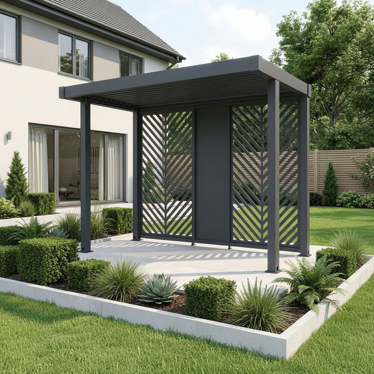 Bracken Outdoors Grey Aluminium BBQ Pergola with Insignia Laser Cut Privacy Panels