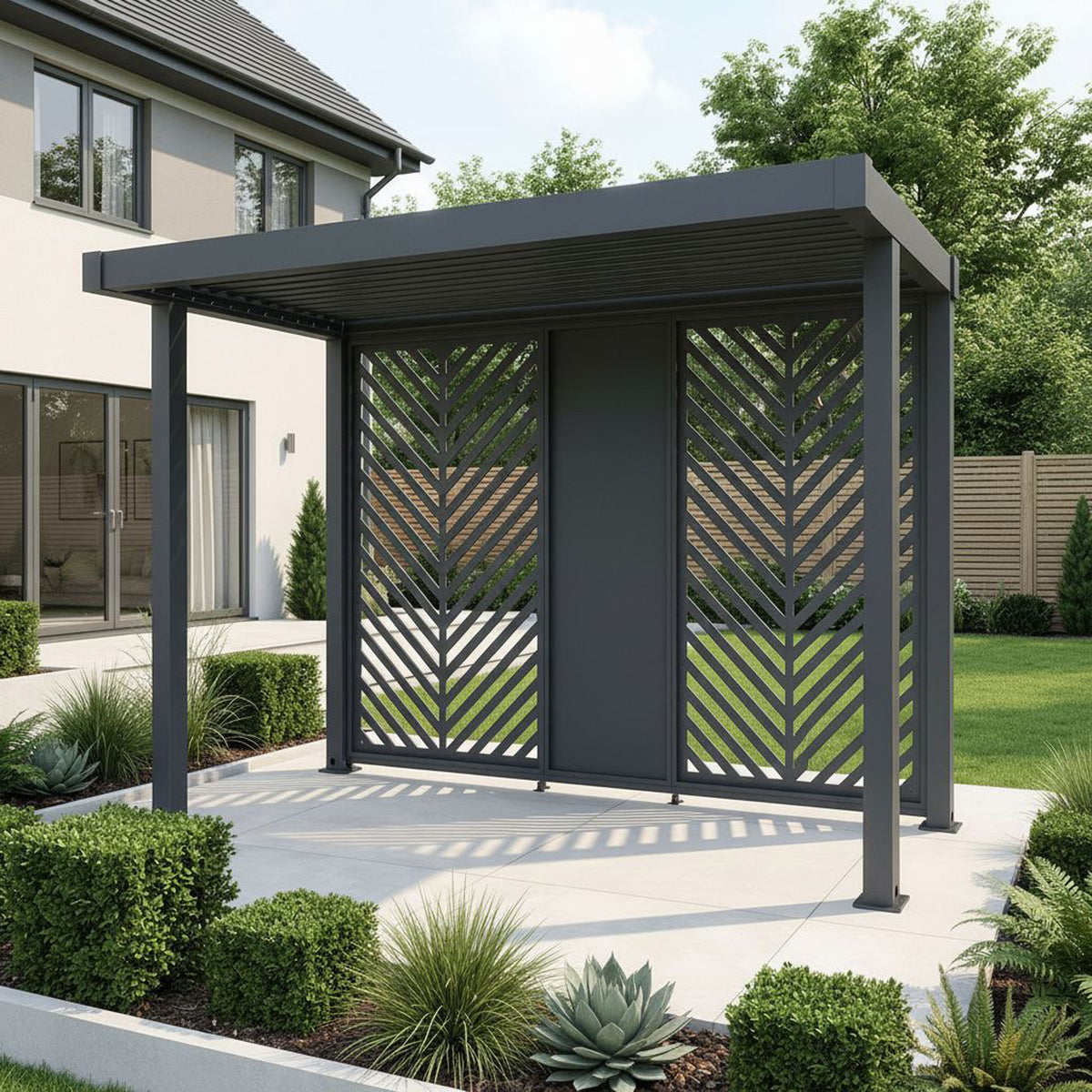 Bracken Outdoors Grey Aluminium BBQ Pergola with Insignia Laser Cut Privacy Panels