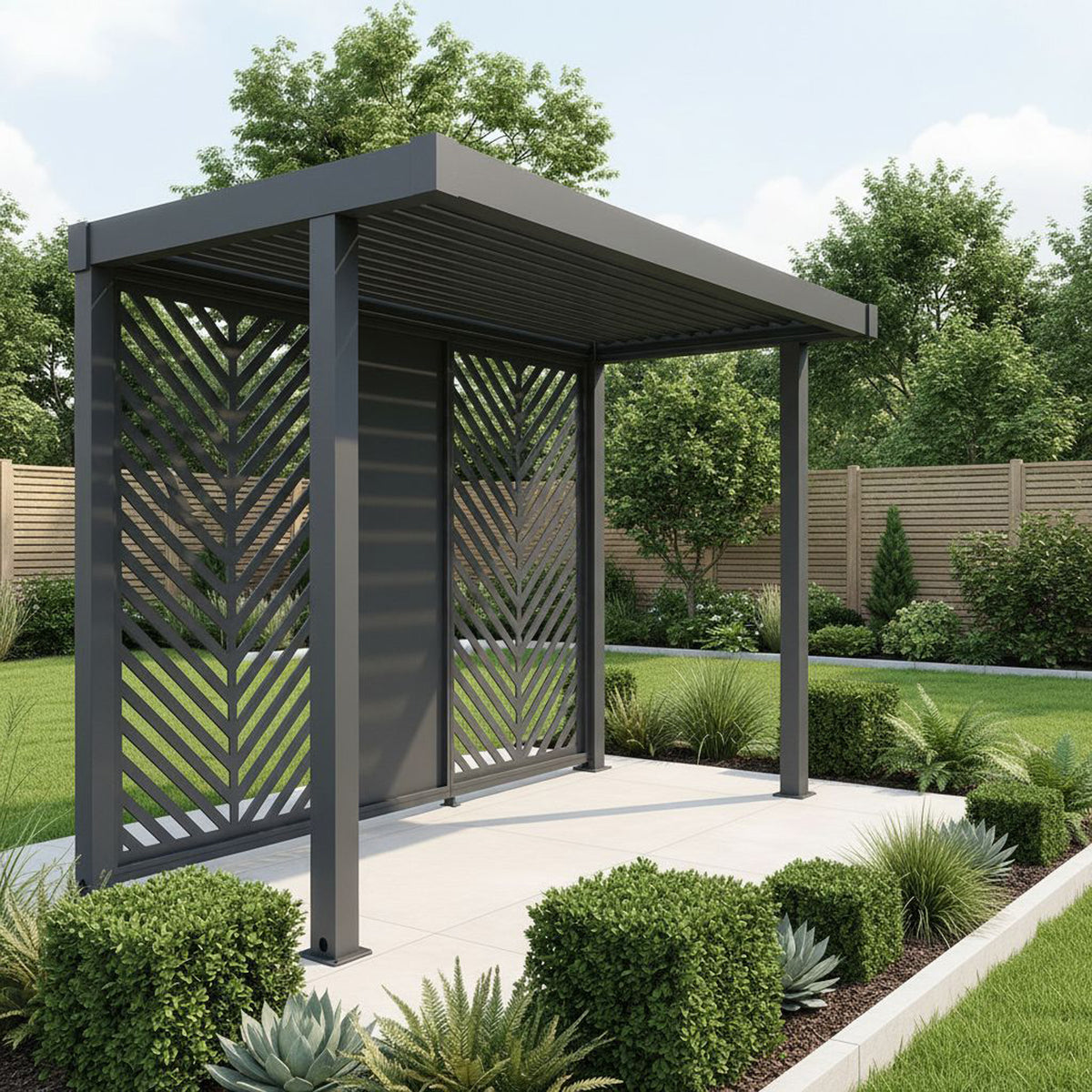 Bracken Outdoors Grey Aluminium BBQ Pergola with Insignia Laser Cut Privacy Panels
