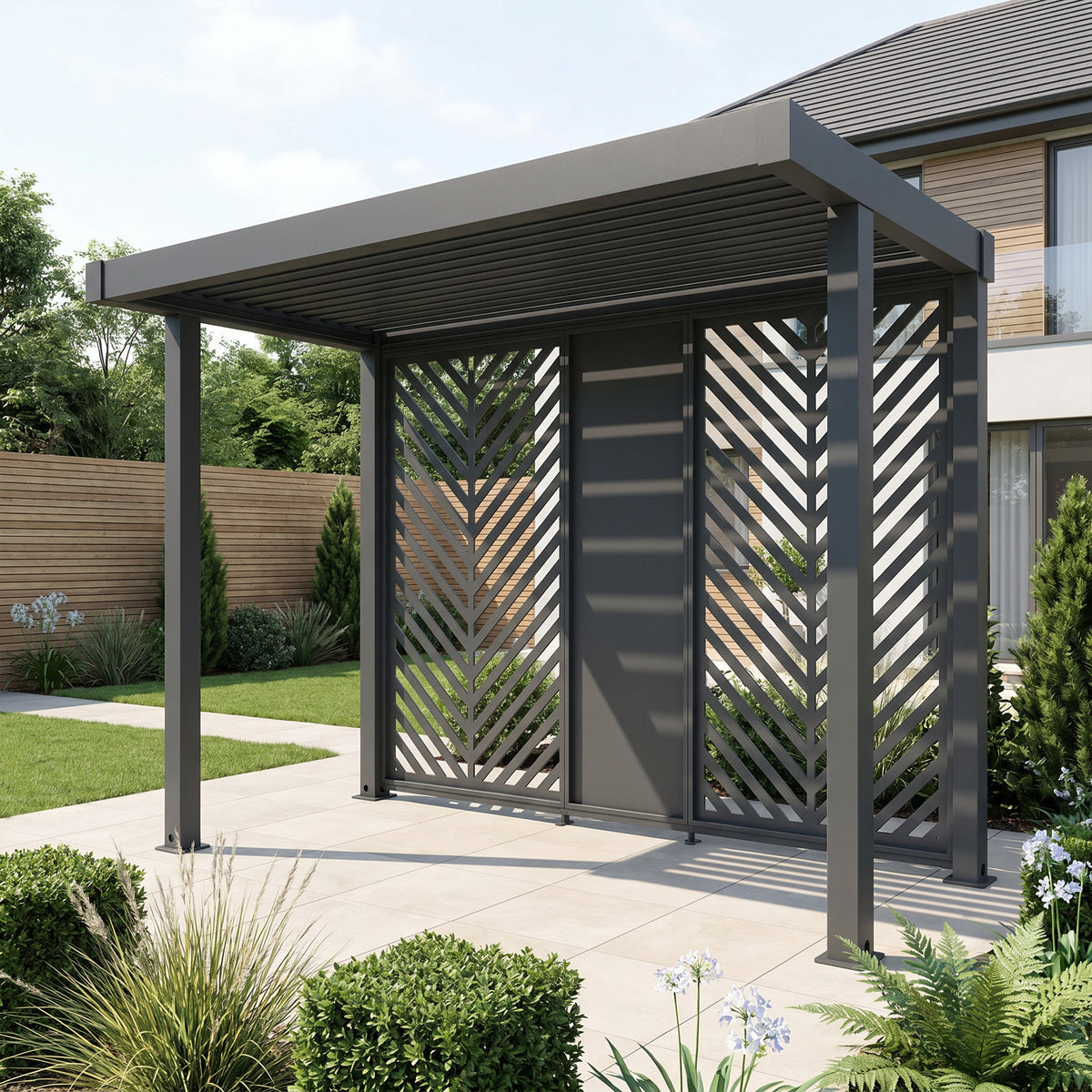 Bracken Outdoors Grey Aluminium BBQ Pergola with Insignia Laser Cut Privacy Panels