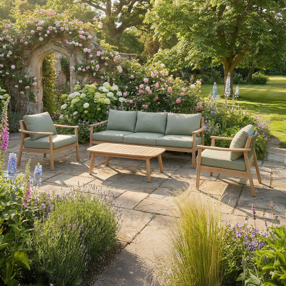 Bracken Outdoors Tetbury Acacia Wood and Rope Lounge Sofa Garden Furniture Set with Coffee Table