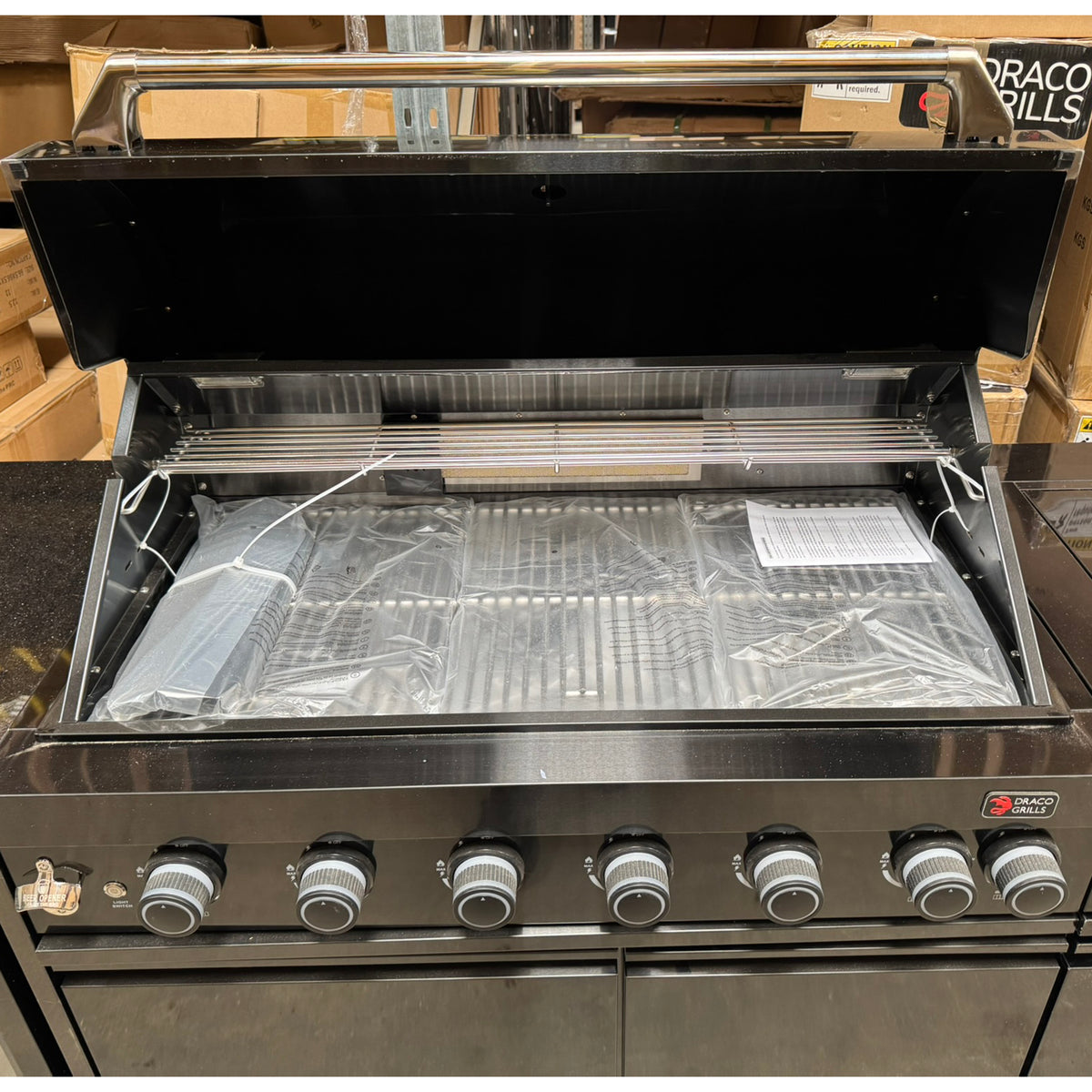 Ex Display Draco Grills 6 Burner BBQ Black Stainless Steel Modular Outdoor Kitchen with Sear Station, Double Cupboard and Fridge Unit