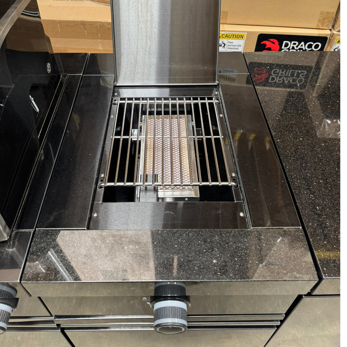 Ex Display Draco Grills 6 Burner BBQ Black Stainless Steel Modular Outdoor Kitchen with Sear Station, Double Cupboard and Fridge Unit
