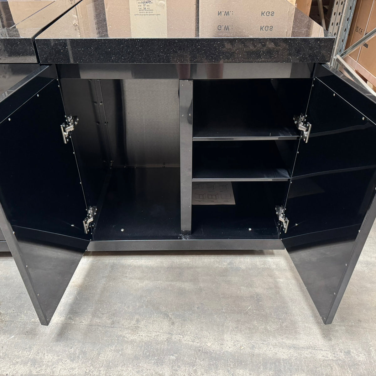 Ex Display Draco Grills 6 Burner BBQ Black Stainless Steel Modular Outdoor Kitchen with Sear Station, Double Cupboard and Fridge Unit