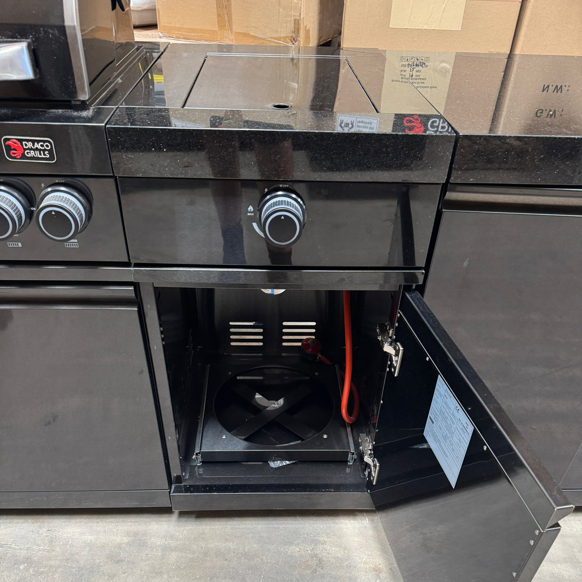 Ex Display Draco Grills 6 Burner BBQ Black Stainless Steel Modular Outdoor Kitchen with Sear Station, Double Cupboard and Fridge Unit