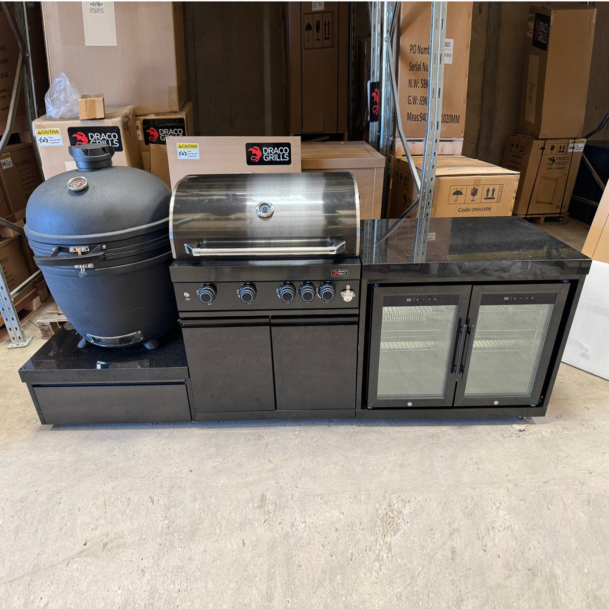 Ex Display Draco Grills 4 Burner BBQ Black Stainless Steel Modular Outdoor Kitchen with Kamado Egg and Double Fridge