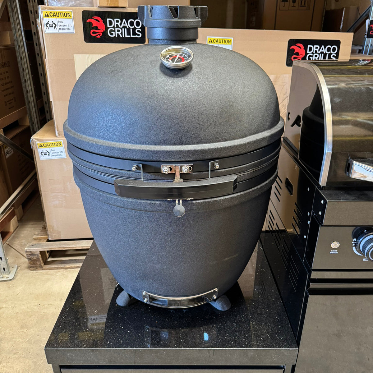 Ex Display Draco Grills 4 Burner BBQ Black Stainless Steel Modular Outdoor Kitchen with Kamado Egg and Double Fridge