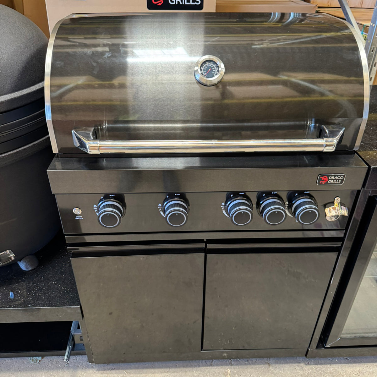 Ex Display Draco Grills 4 Burner BBQ Black Stainless Steel Modular Outdoor Kitchen with Kamado Egg and Double Fridge