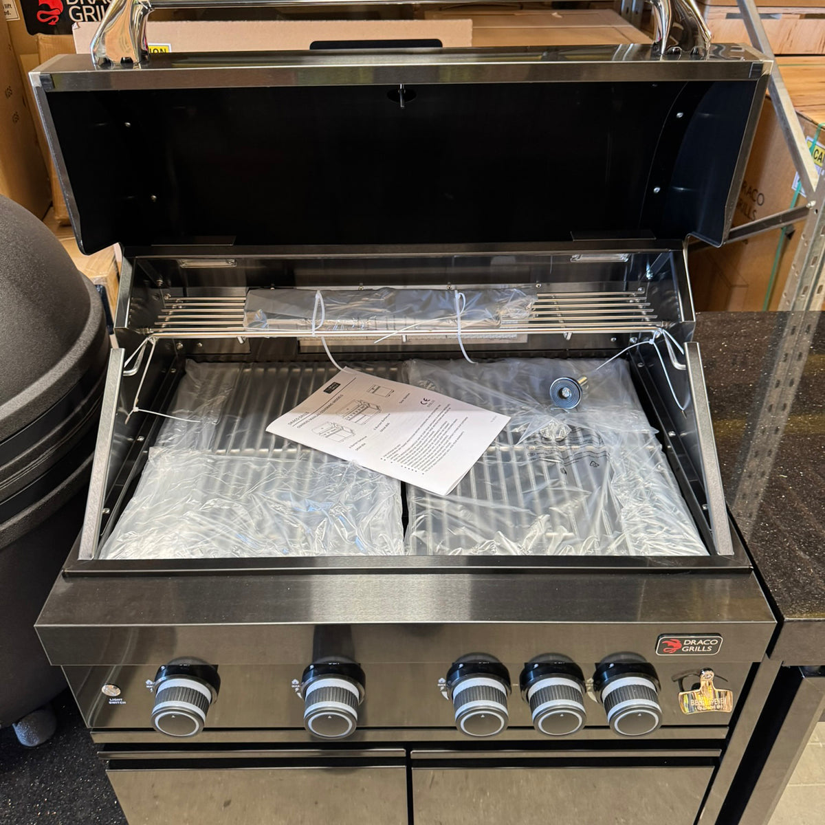 Ex Display Draco Grills 4 Burner BBQ Black Stainless Steel Modular Outdoor Kitchen with Kamado Egg and Double Fridge
