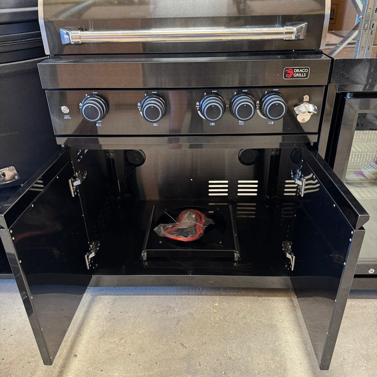 Ex Display Draco Grills 4 Burner BBQ Black Stainless Steel Modular Outdoor Kitchen with Kamado Egg and Double Fridge