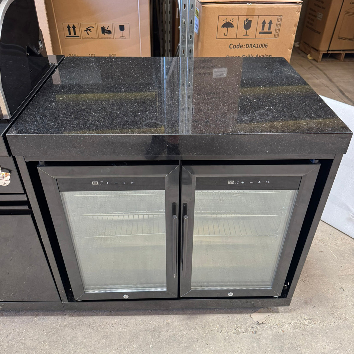 Ex Display Draco Grills 4 Burner BBQ Black Stainless Steel Modular Outdoor Kitchen with Kamado Egg and Double Fridge