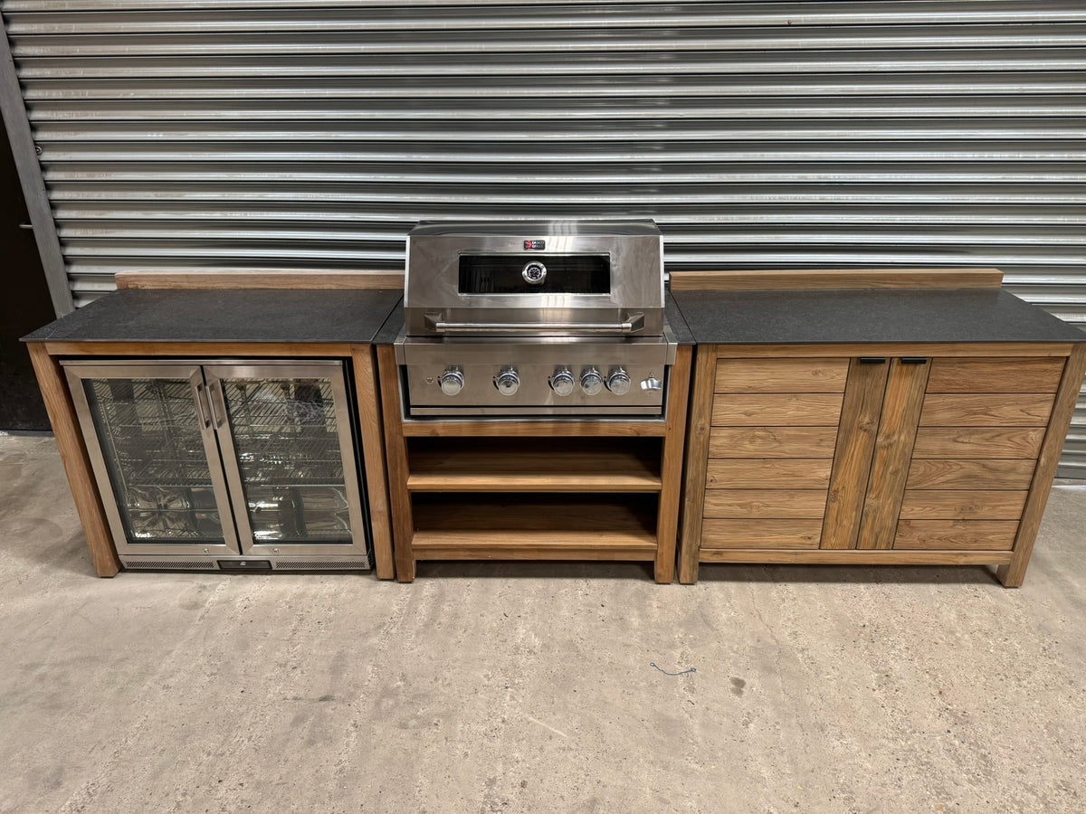 Ex Display Draco Grills Teak 4 Burner Outdoor Kitchen with Modular Double Fridge and Double Cupboard