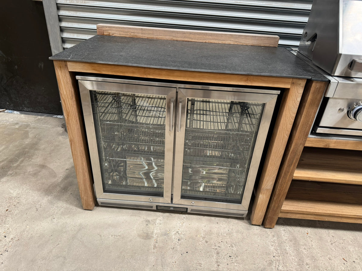 Ex Display Draco Grills Teak 4 Burner Outdoor Kitchen with Modular Double Fridge and Double Cupboard