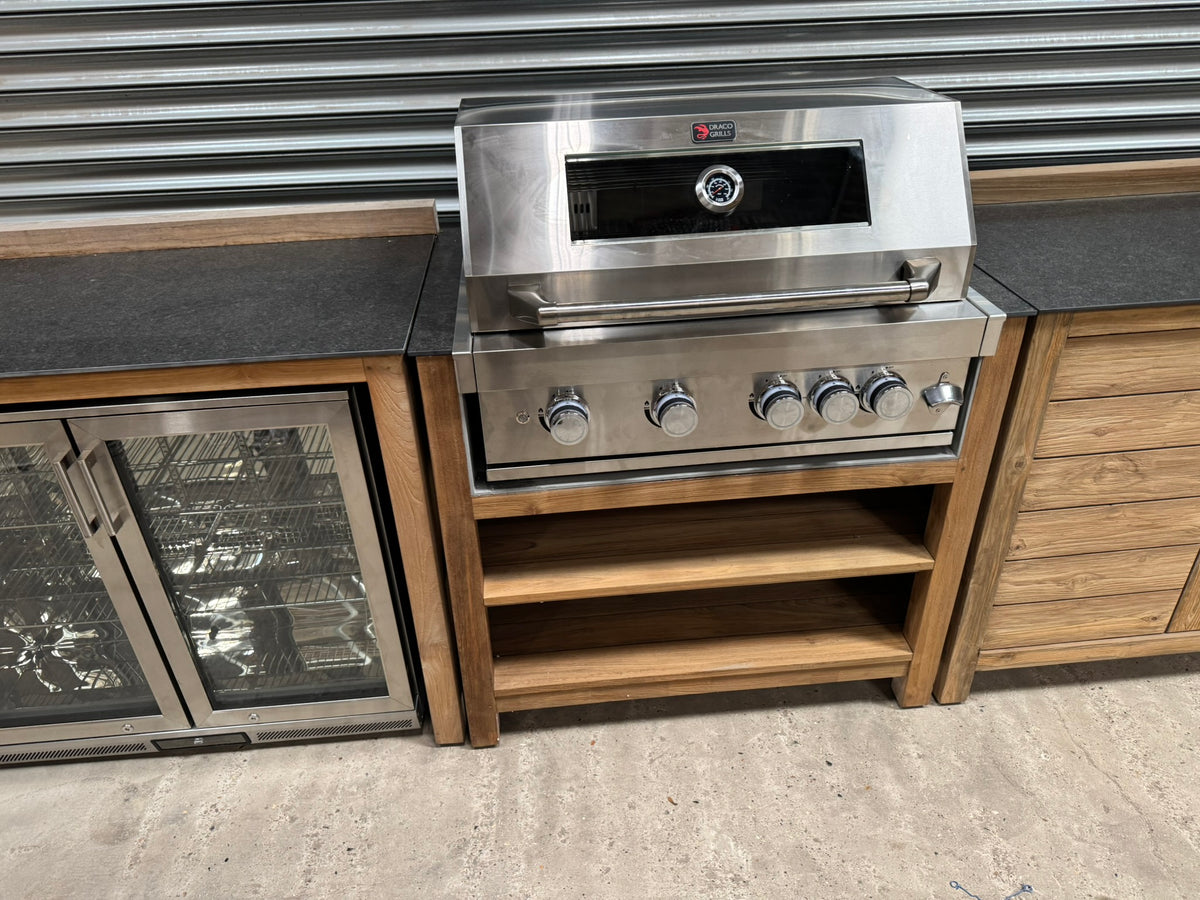 Ex Display Draco Grills Teak 4 Burner Outdoor Kitchen with Modular Double Fridge and Double Cupboard