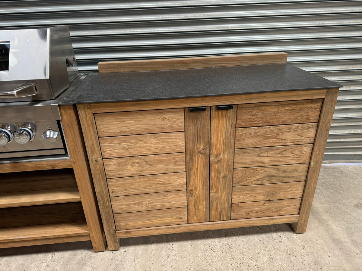 Ex Display Draco Grills Teak 4 Burner Outdoor Kitchen with Modular Double Fridge and Double Cupboard
