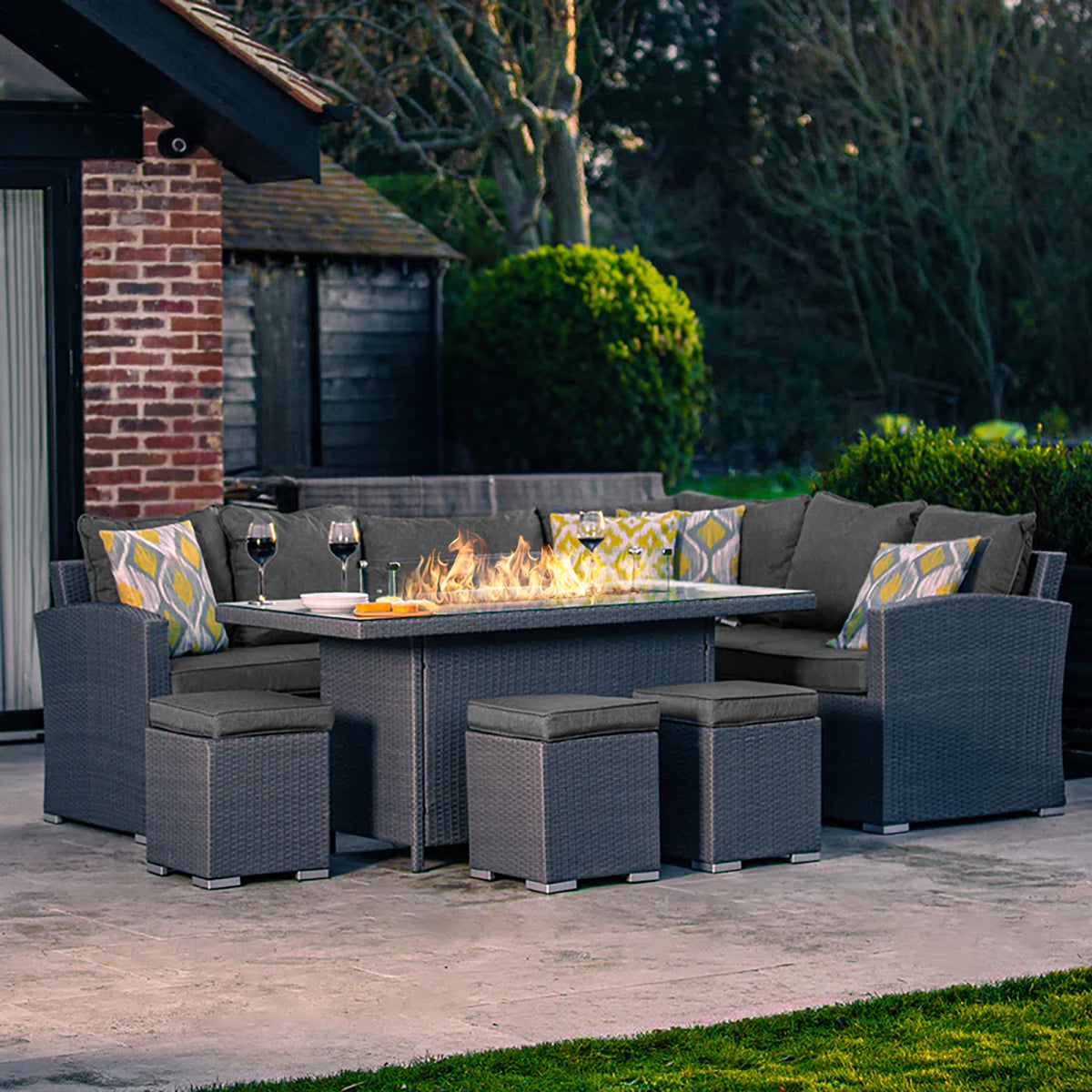 Bracken Outdoors Dakota Casual Dining Rectangular Corner Sofa Garden Furniture Set with Fire Pit Table
